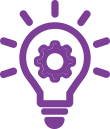 A purple light bulb contains a gear, surrounded by lines suggesting illumination, symbolizing innovation or ideas.