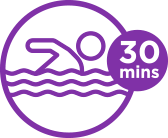Person swimming icon beside text "30 mins" in a purple circle suggests a scheduled swim activity.